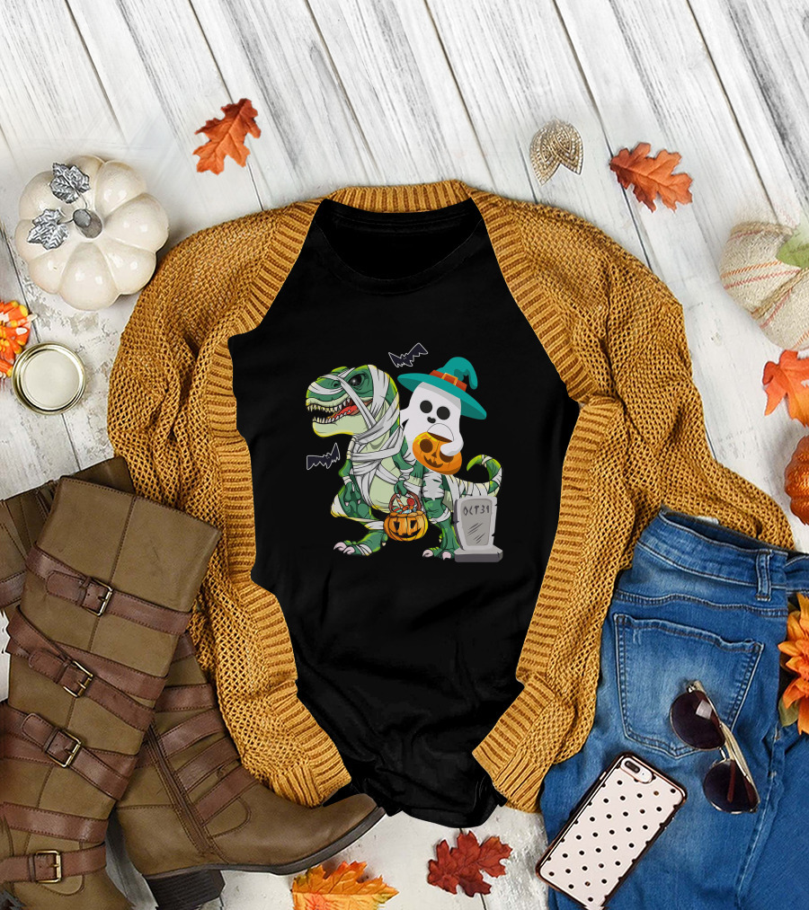Ghostly Mummy Dinosaur with Pumpkin Candy and Oct 31 Tombstone T-Shirt