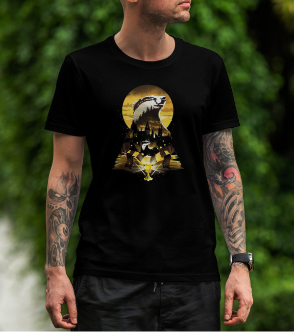 Hufflepuff Badger Hogwarts Skyline With Cup And Scarf T-Shirt