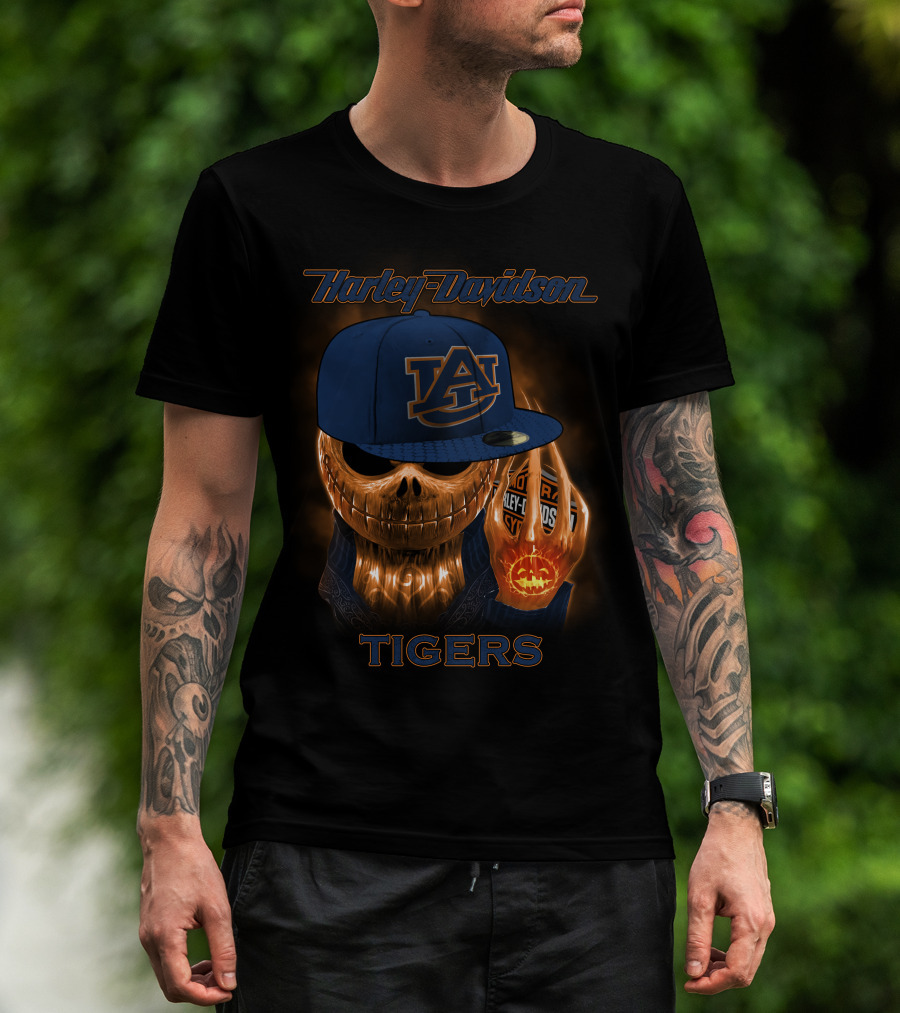 Harley Davidson Auburn Tigers Skeleton With Cap T-Shirt