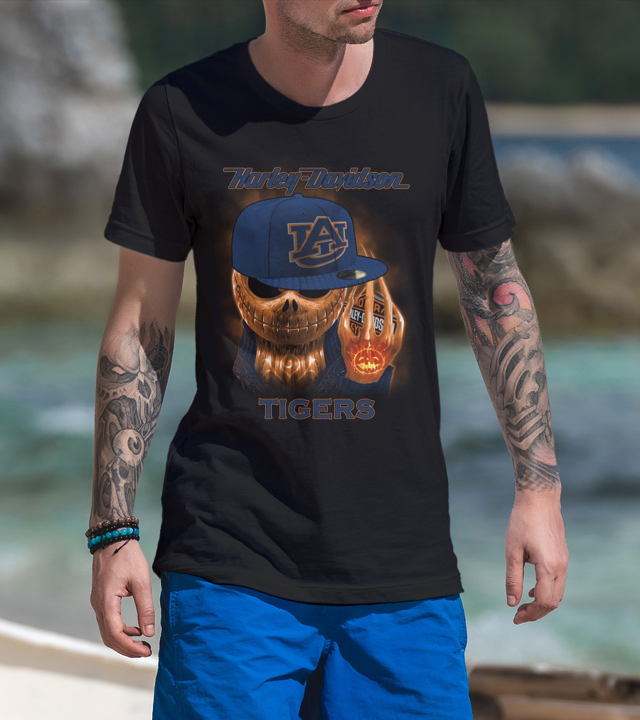 Harley Davidson Auburn Tigers Skeleton With Cap T-Shirt