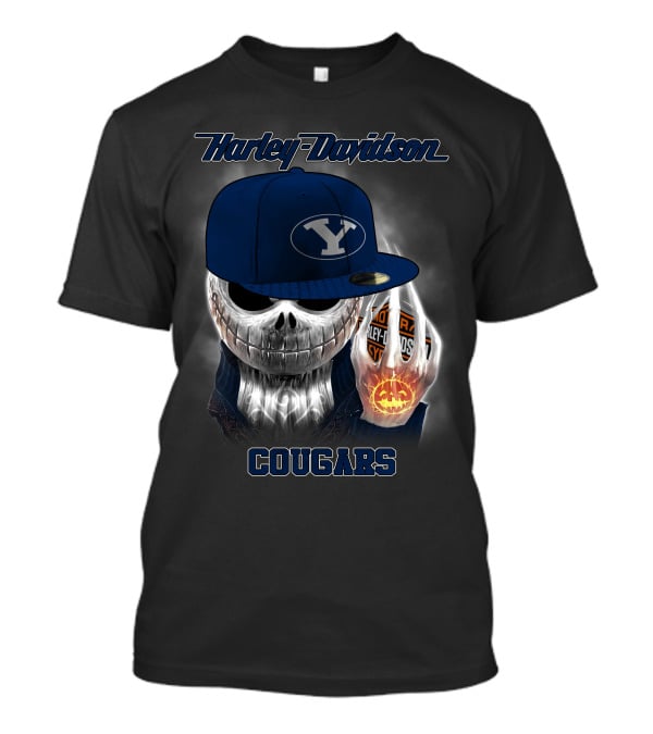 Harley Davidson Cougars Skull Wearing Byu Hat With Pumpkin And Logo Elements T-Shirt
