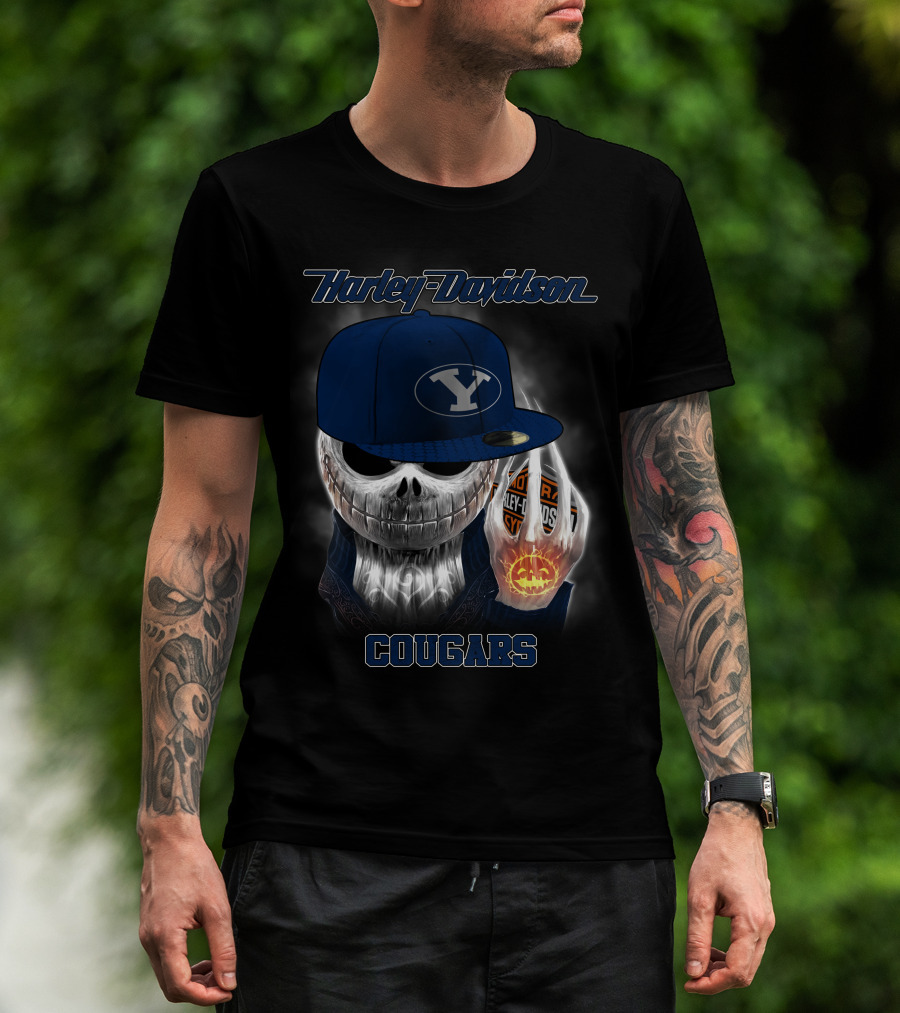Harley Davidson Cougars Skull Wearing Byu Hat With Pumpkin And Logo Elements T-Shirt