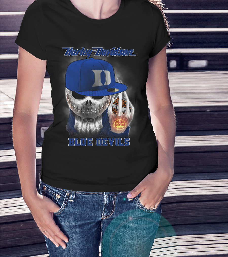 Harley Davidson Skull With Blue Devils Hat And Duke D T-Shirt
