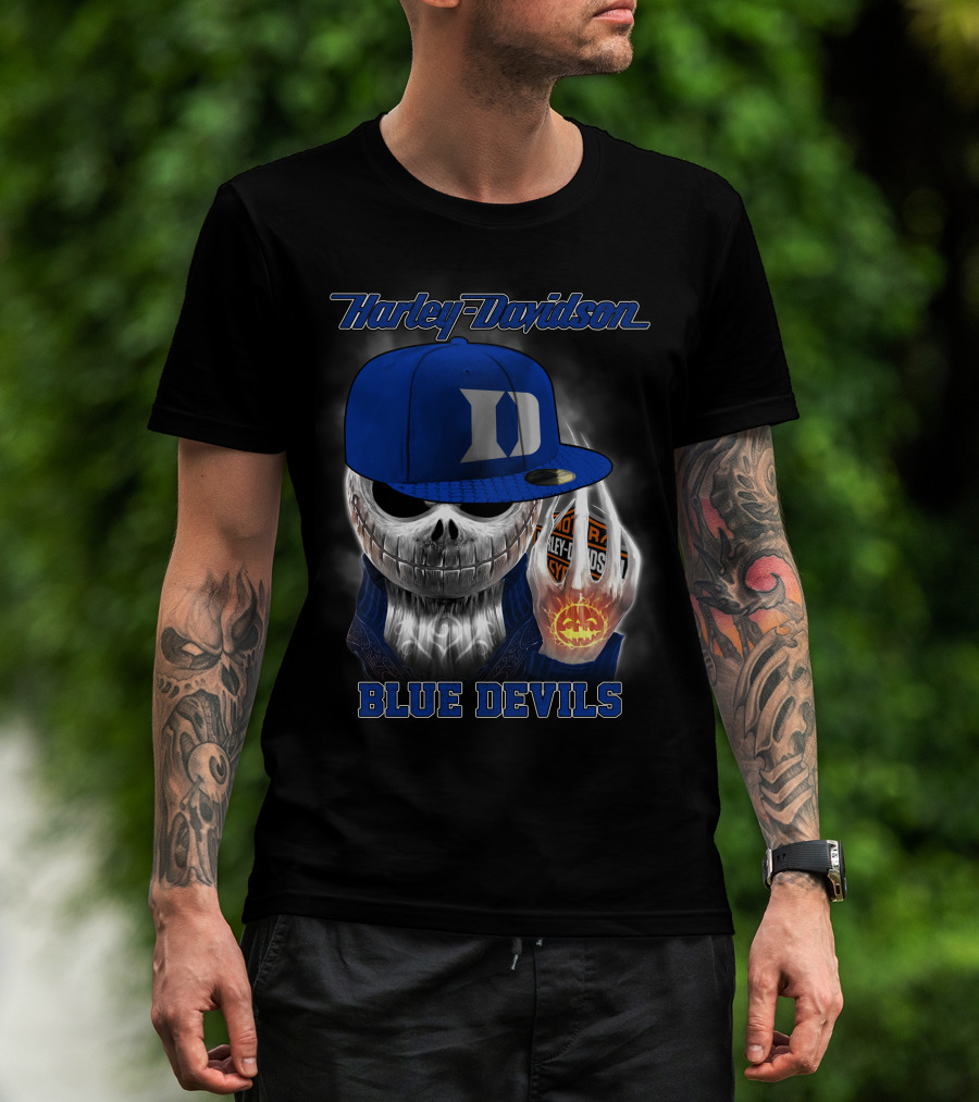 Harley Davidson Skull With Blue Devils Hat And Duke D T-Shirt