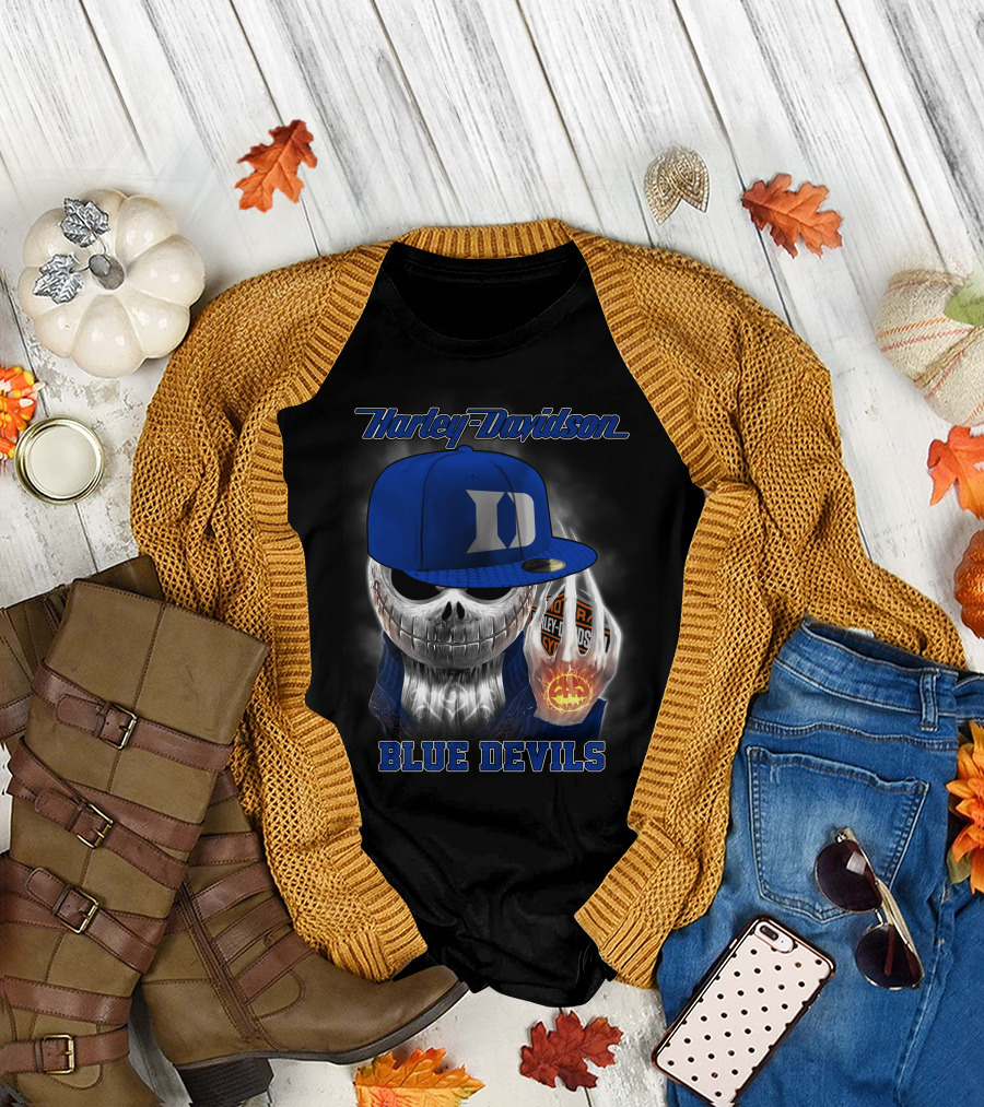 Harley Davidson Skull With Blue Devils Hat And Duke D T-Shirt