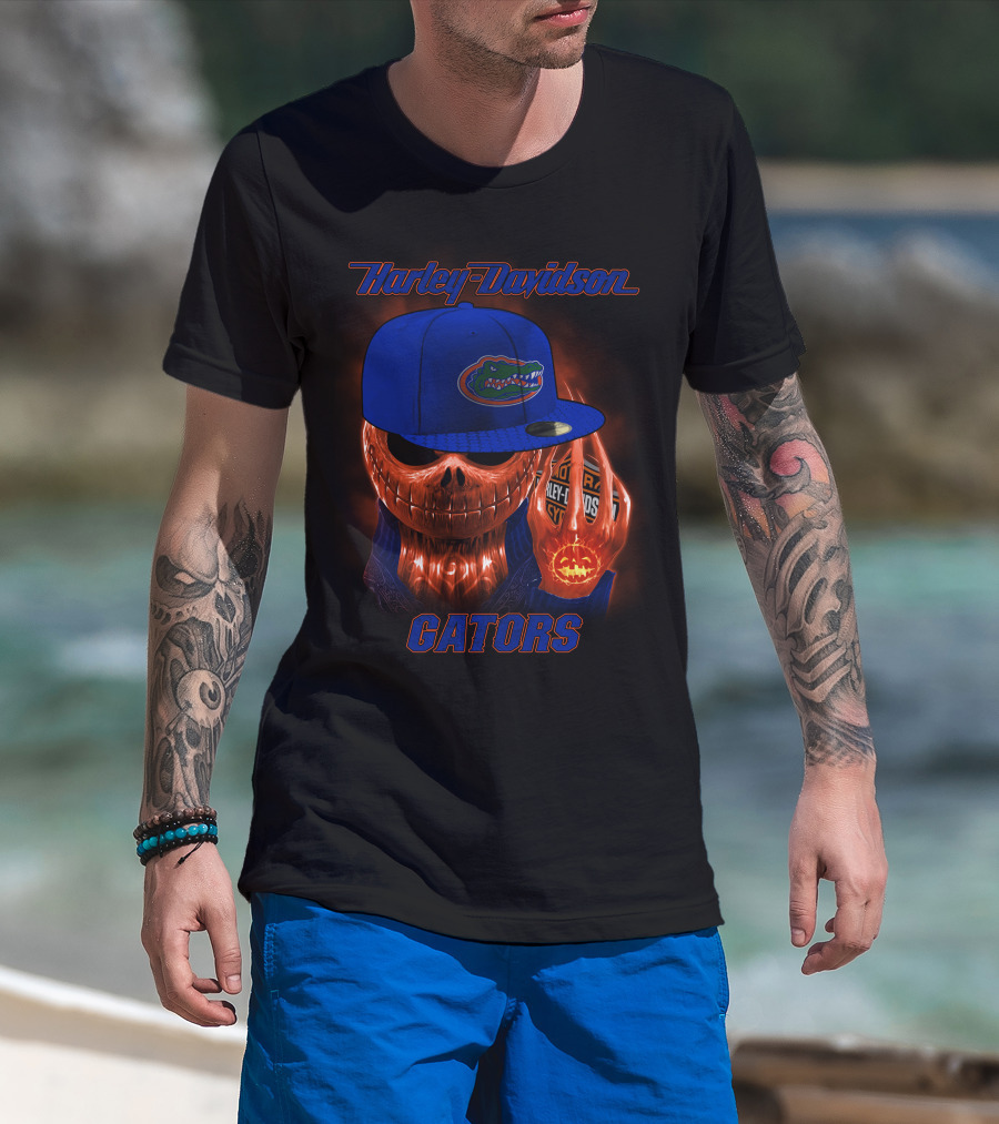 Harley Davidson Halloween Skull With Florida Gators Hat T-Shirt