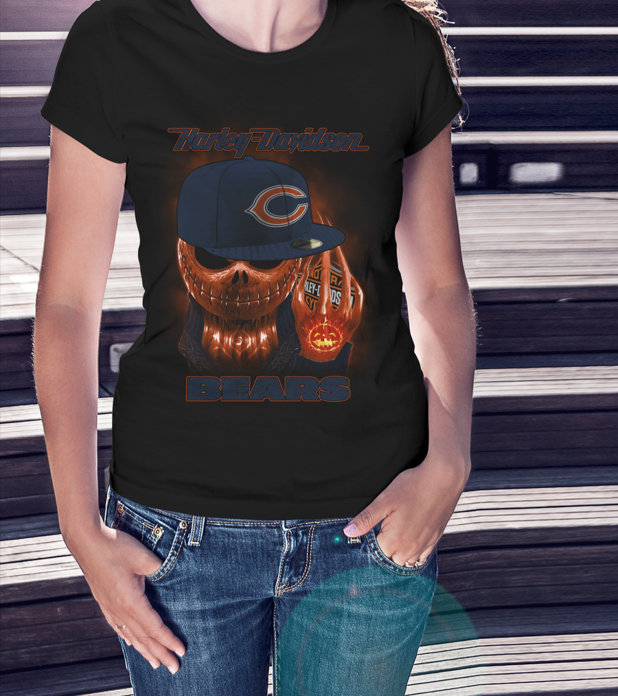 Harley Davidson Chicago Bears Halloween Pumpkin Skull T-Shirt