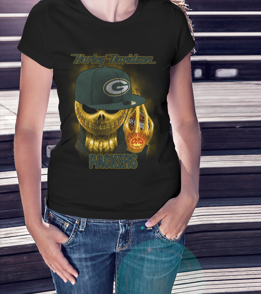 Harley Davidson Green Bay Packers Halloween Skull T-Shirt