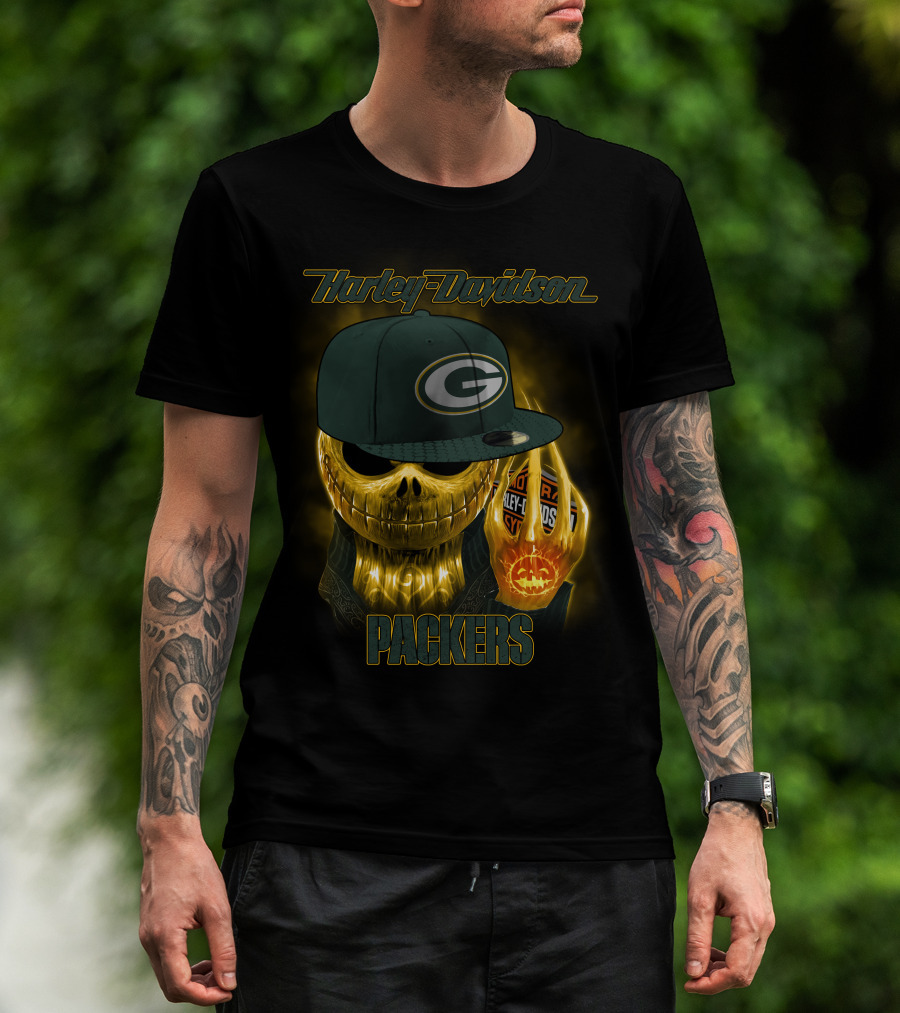 Harley Davidson Green Bay Packers Halloween Skull T-Shirt