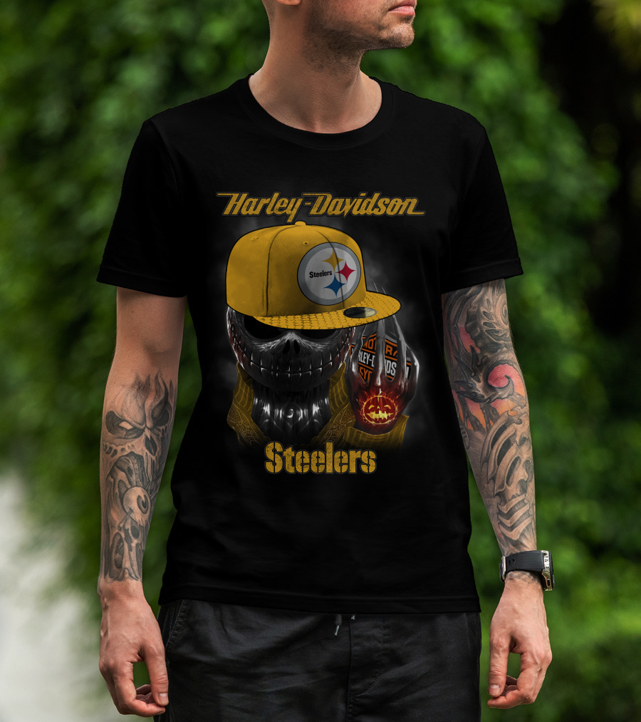 Harley Davidson Steelers Skull With Cap T-Shirt