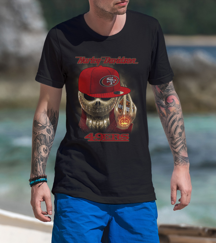 Harley Davidson Skull With San Francisco 49ers Cap T-Shirt