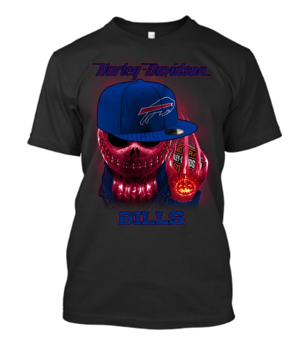 Harley Davidson Buffalo Bills Skeleton With Cap Halloween T-Shirt