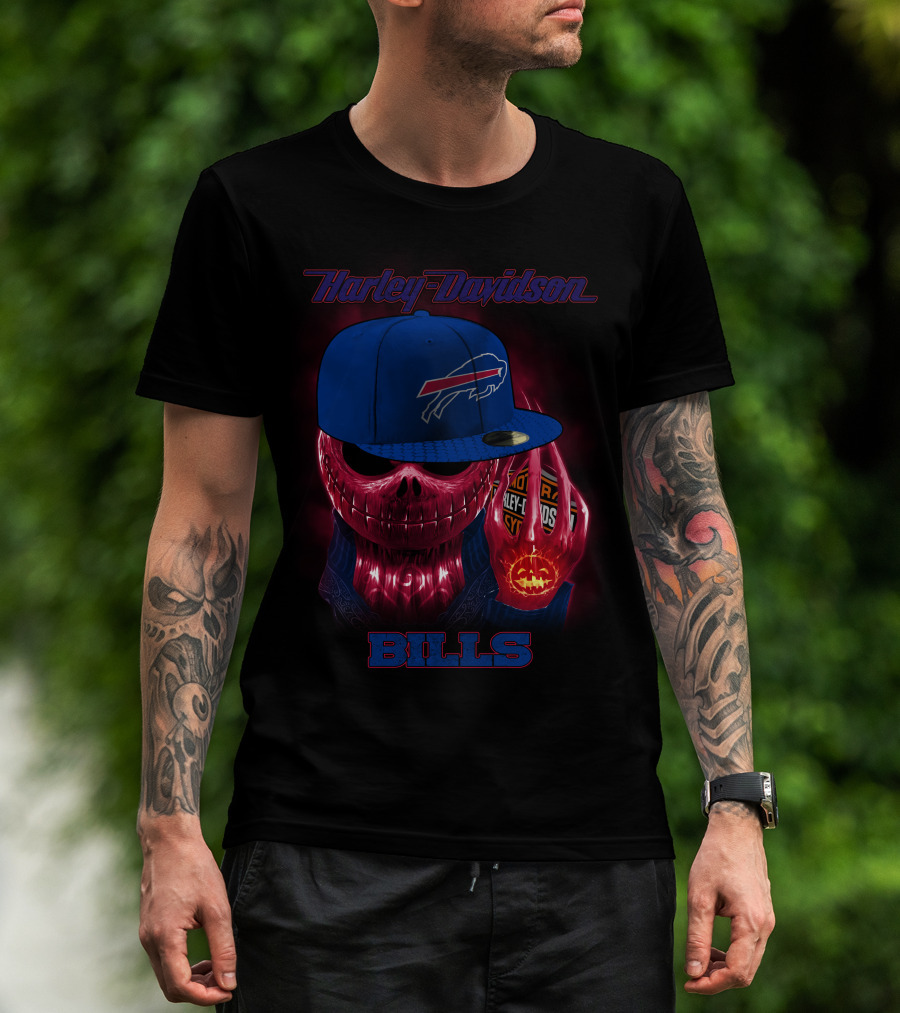 Harley Davidson Buffalo Bills Skeleton With Cap Halloween T-Shirt