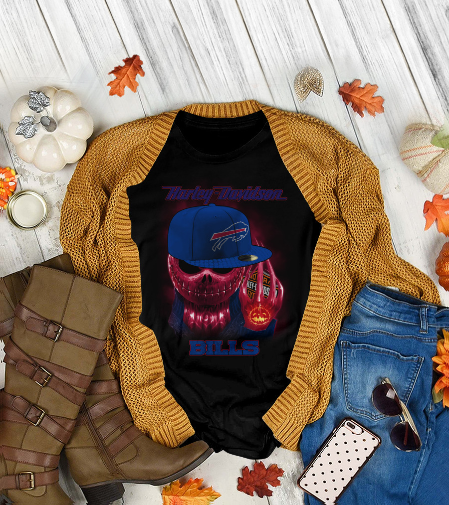 Harley Davidson Buffalo Bills Skeleton With Cap Halloween T-Shirt
