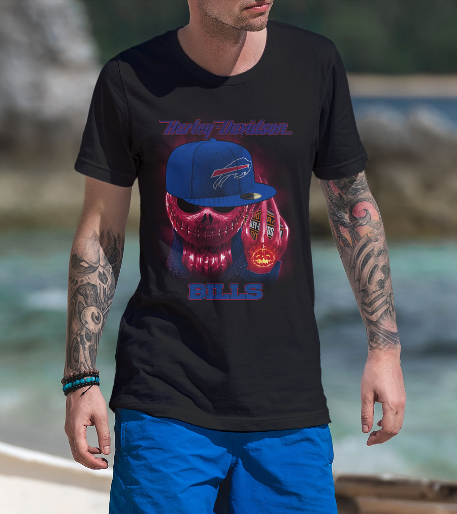 Harley Davidson Buffalo Bills Skeleton With Cap Halloween T-Shirt