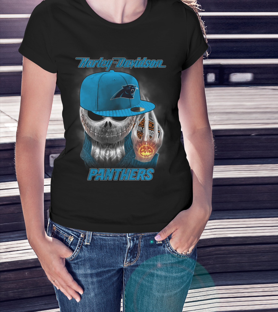 Harley Davidson Carolina Panthers Halloween Skeleton T-Shirt