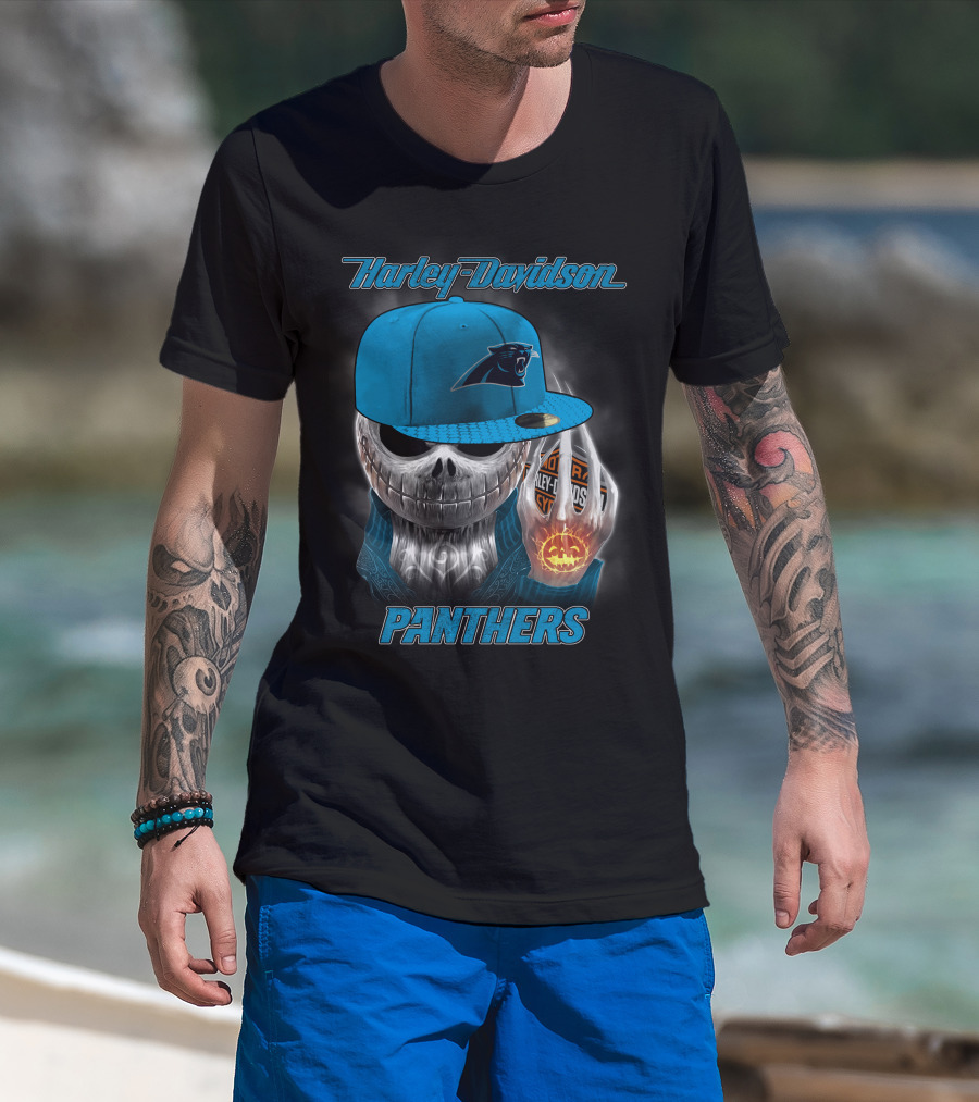 Harley Davidson Carolina Panthers Halloween Skeleton T-Shirt