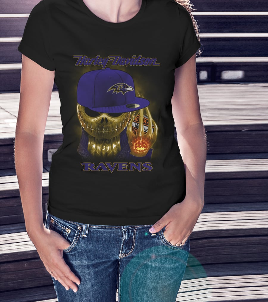 Harley Davidson Ravens Baltimore Skull With Cap T-Shirt