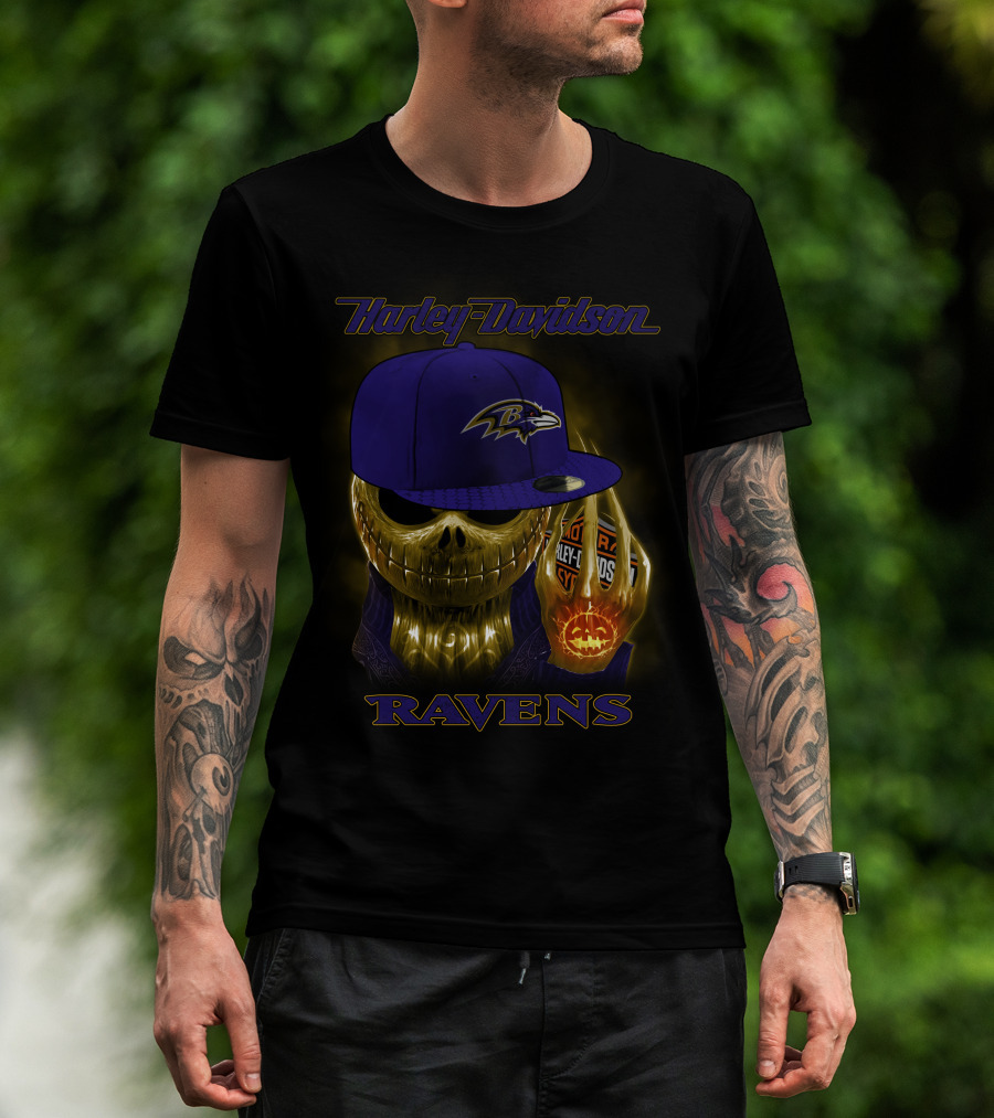Harley Davidson Ravens Baltimore Skull With Cap T-Shirt