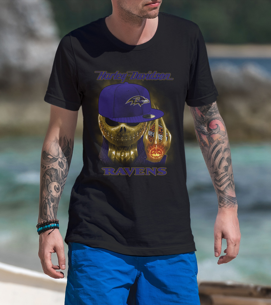 Harley Davidson Ravens Baltimore Skull With Cap T-Shirt