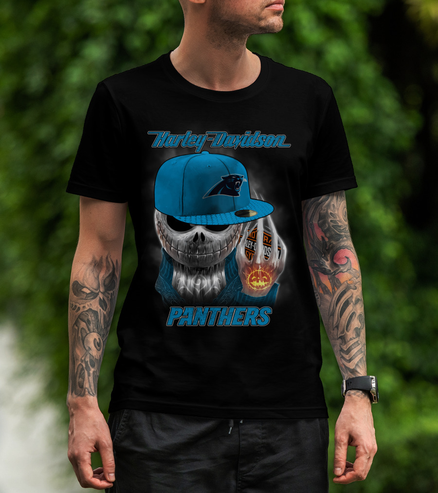 Harley Davidson Panthers Skull In Carolina Panthers Cap With Fiery Pumpkin And Harley Hand T-Shirt