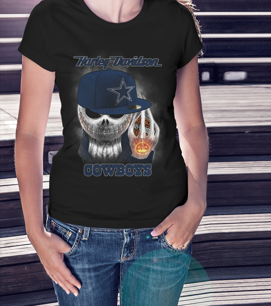 Harley Davidson Cowboys Skull With Dallas Cowboys Cap T-Shirt