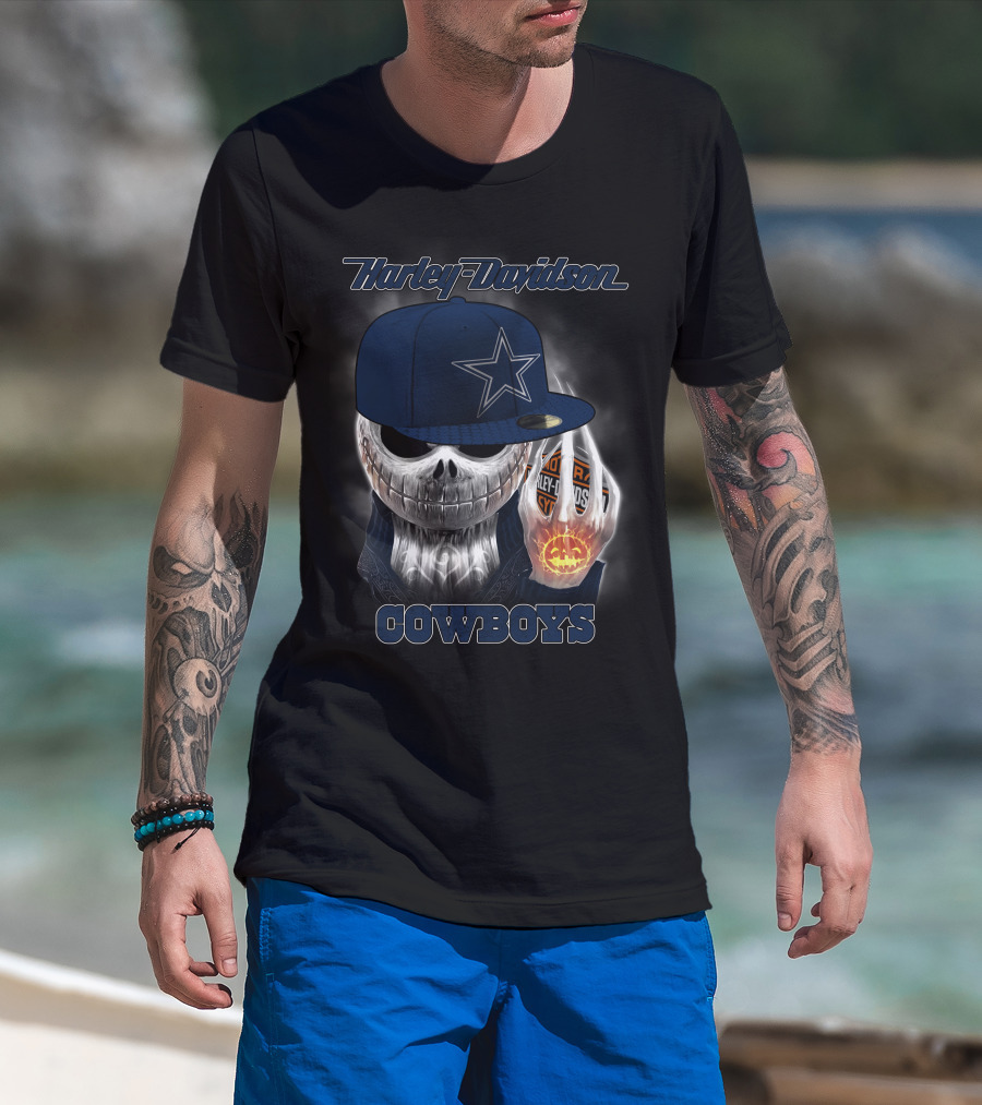 Harley Davidson Cowboys Skull With Dallas Cowboys Cap T-Shirt