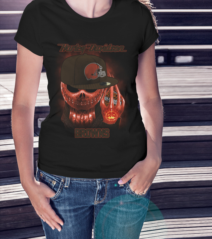 Harley Davidson Cleveland Browns Skeleton With Helmet Cap T-Shirt