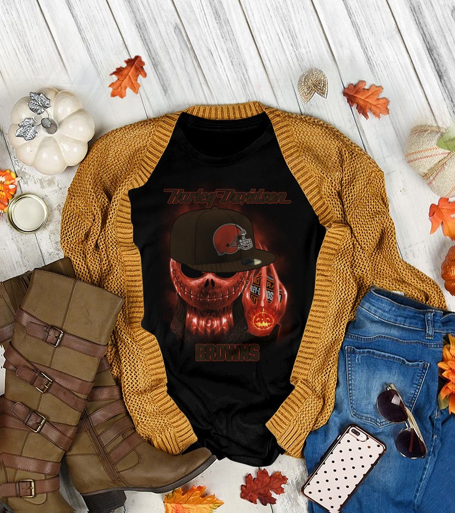 Harley Davidson Cleveland Browns Skeleton With Helmet Cap T-Shirt