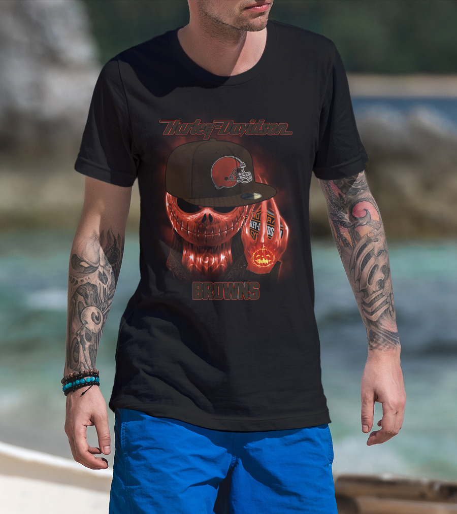 Harley Davidson Cleveland Browns Skeleton With Helmet Cap T-Shirt