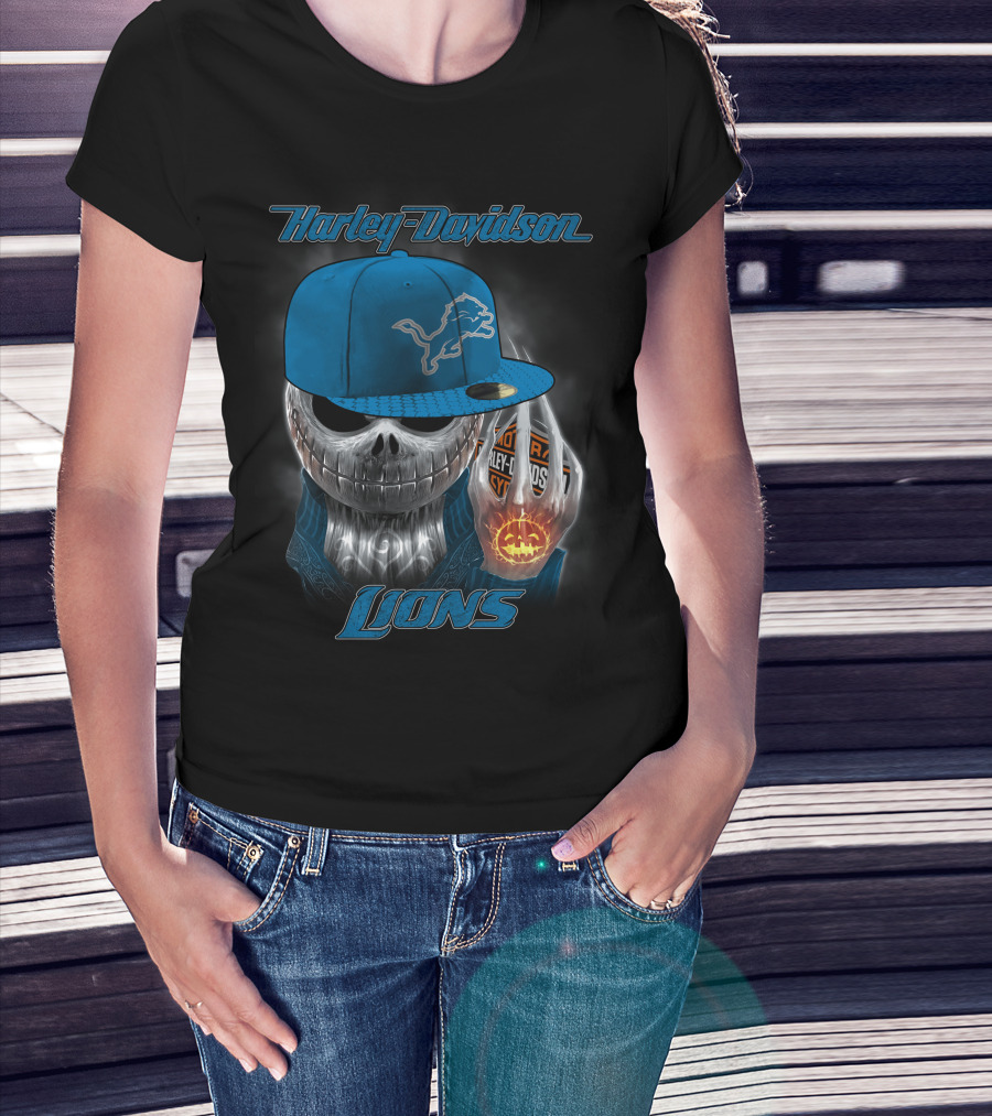 Harley Davidson Detroit Lions Skull With Cap Halloween Pumpkin T-Shirt