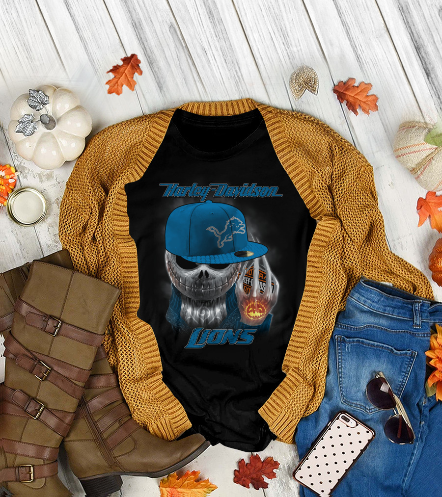 Harley Davidson Detroit Lions Skull With Cap Halloween Pumpkin T-Shirt