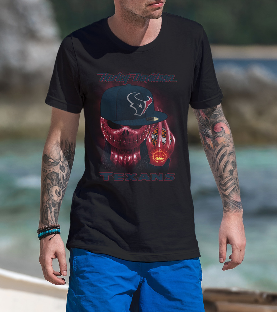Harley Davidson Houston Texans Skulls And Cycles T-Shirt