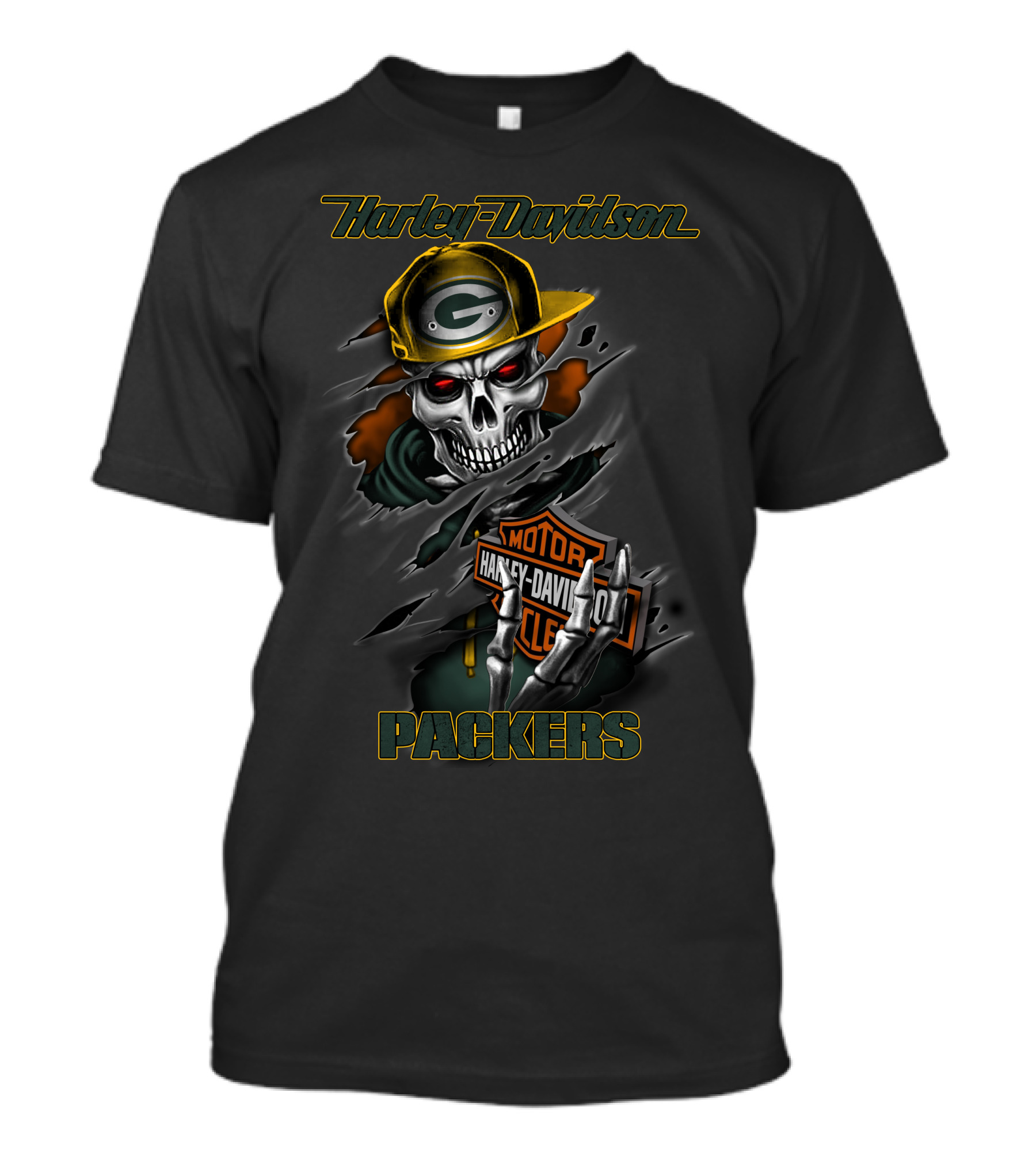 Harley Davidson Green Bay Packers Skull With Cap T-Shirt