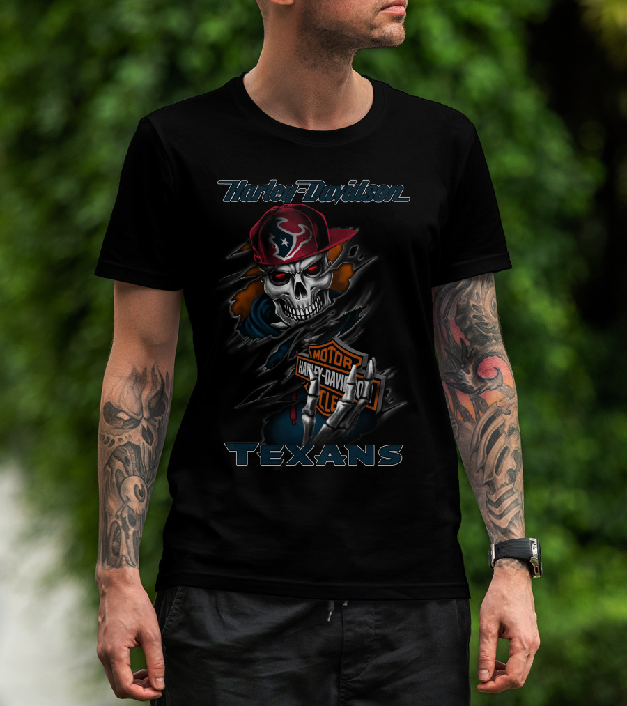 Harley Davidson Texans Skull With Houston Texans Cap T-Shirt
