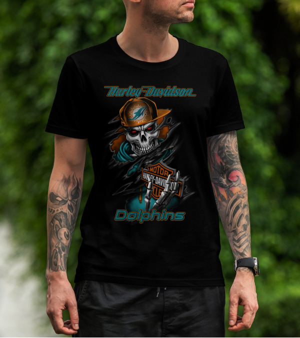 Harley Davidson Dolphins Motorcycle Skeleton With Miami Dolphins Cap T-Shirt