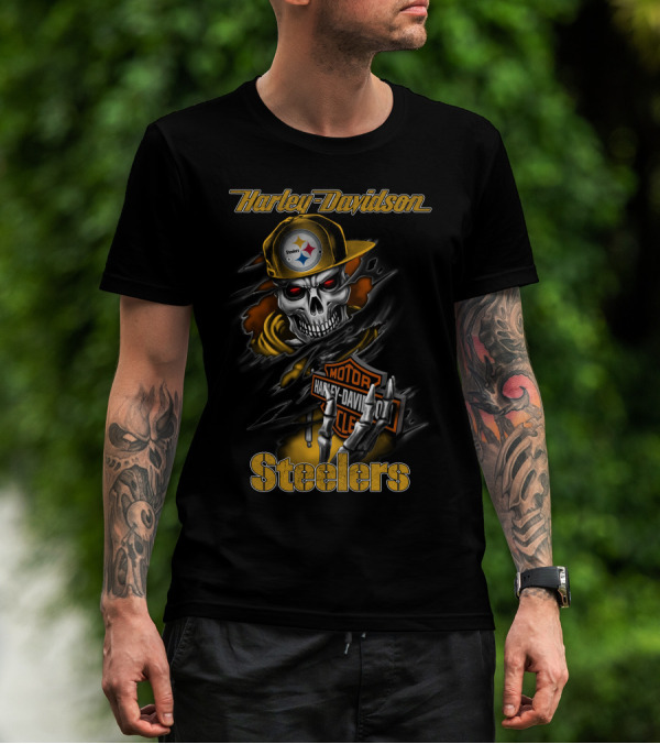Harley Davidson Steelers Skeleton With Pittsburgh Steelers T-Shirt
