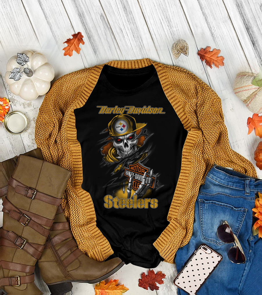 Harley Davidson Steelers Skeleton With Pittsburgh Steelers T-Shirt
