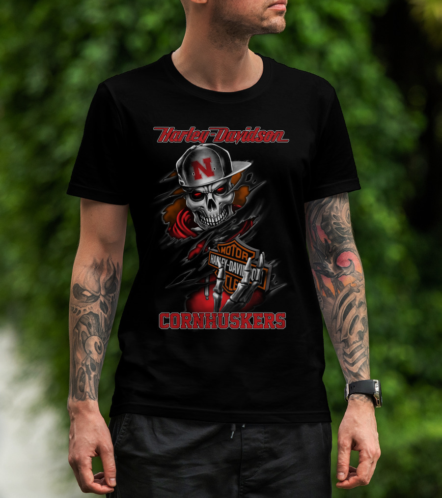 Harley Davidson Cornhuskers Skull With Cap T-Shirt