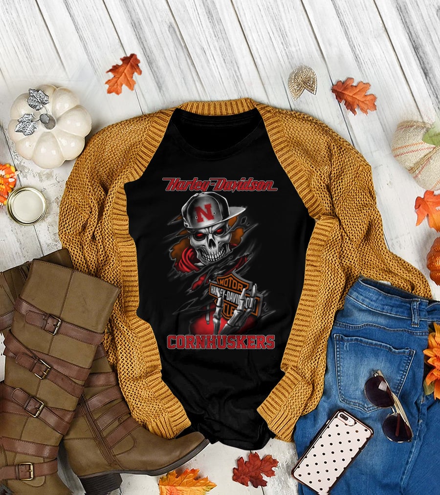 Harley Davidson Cornhuskers Skull With Cap T-Shirt