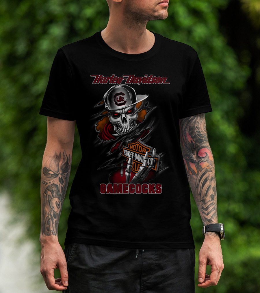 Harley Davidson Gamecocks Motorcycles Skull With Cap T-Shirt