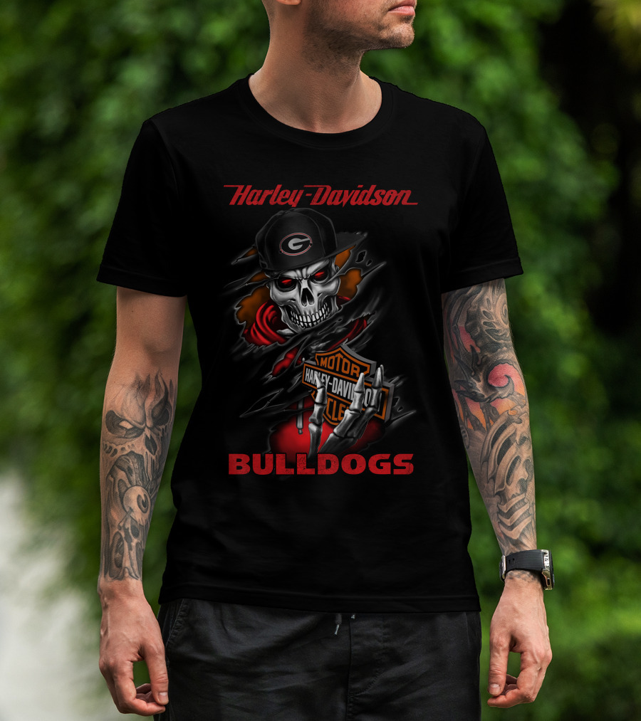Harley Davidson Bulldogs Skull With Motor Harley Davidson Cycles And Georgia G Cap T-Shirt
