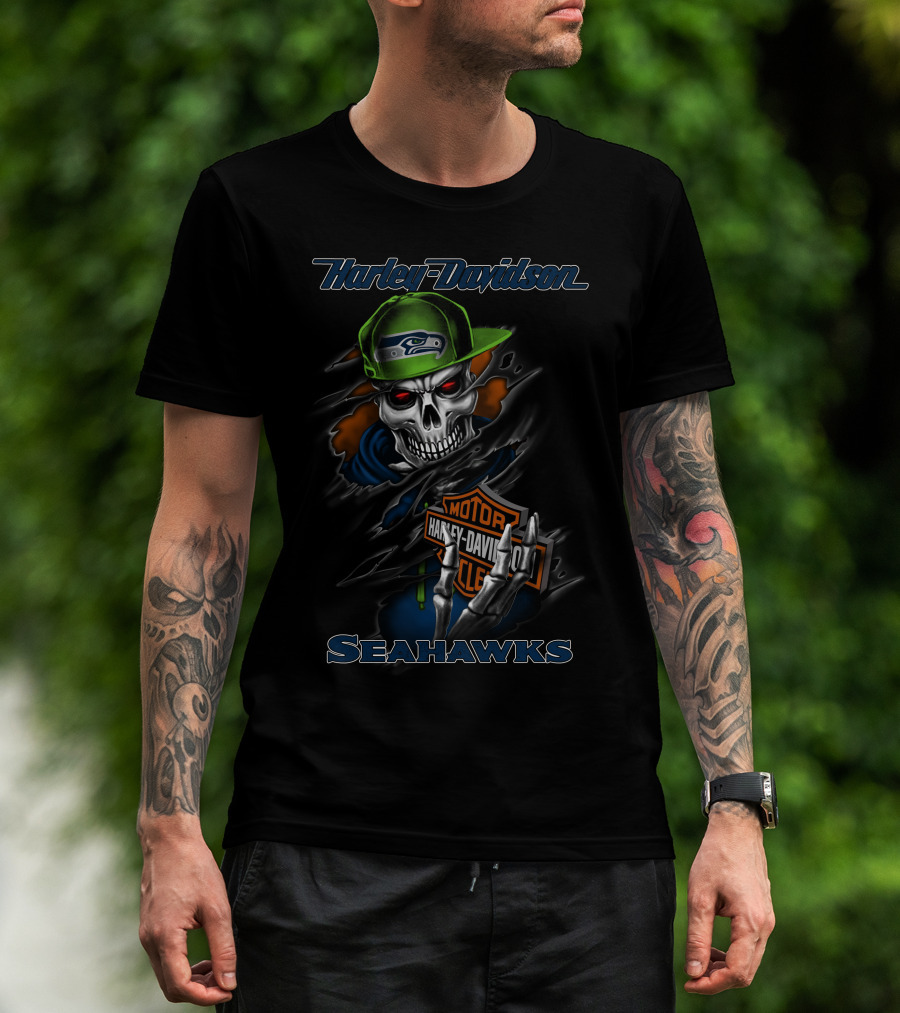 Harley Davidson Seattle Seahawks Skull With Hat And Motorcycle Moto Symbol T-Shirt