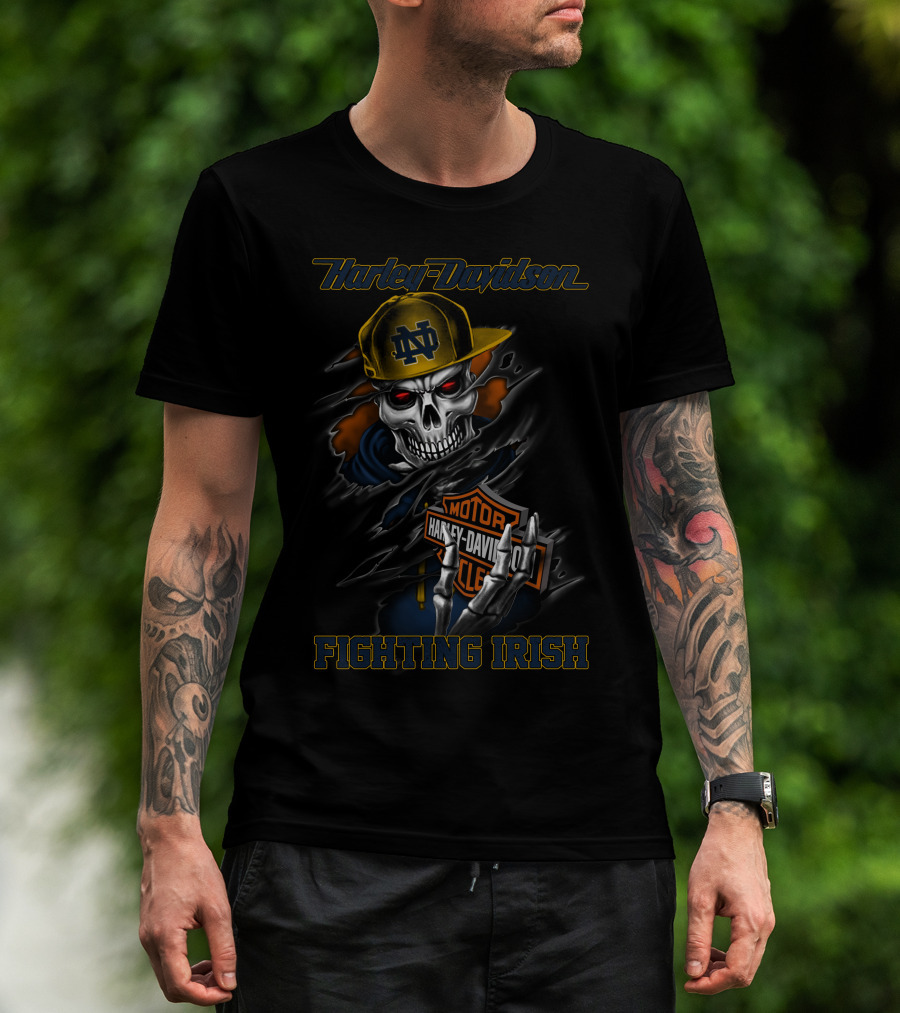 Harley Davidson Notre Dame Fighting Irish Skull With Cap T-Shirt