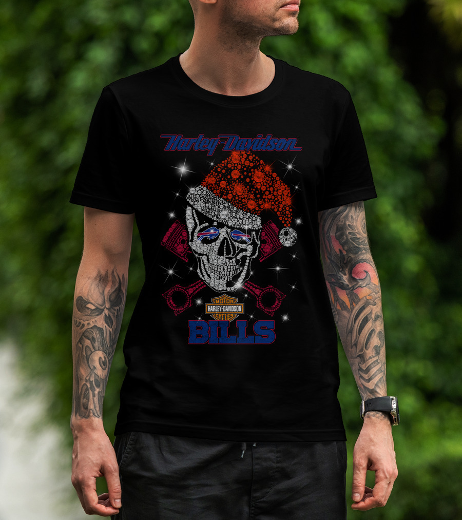Harley Davidson Motor Cycles Santa Skull Buffalo Bills T-Shirt
