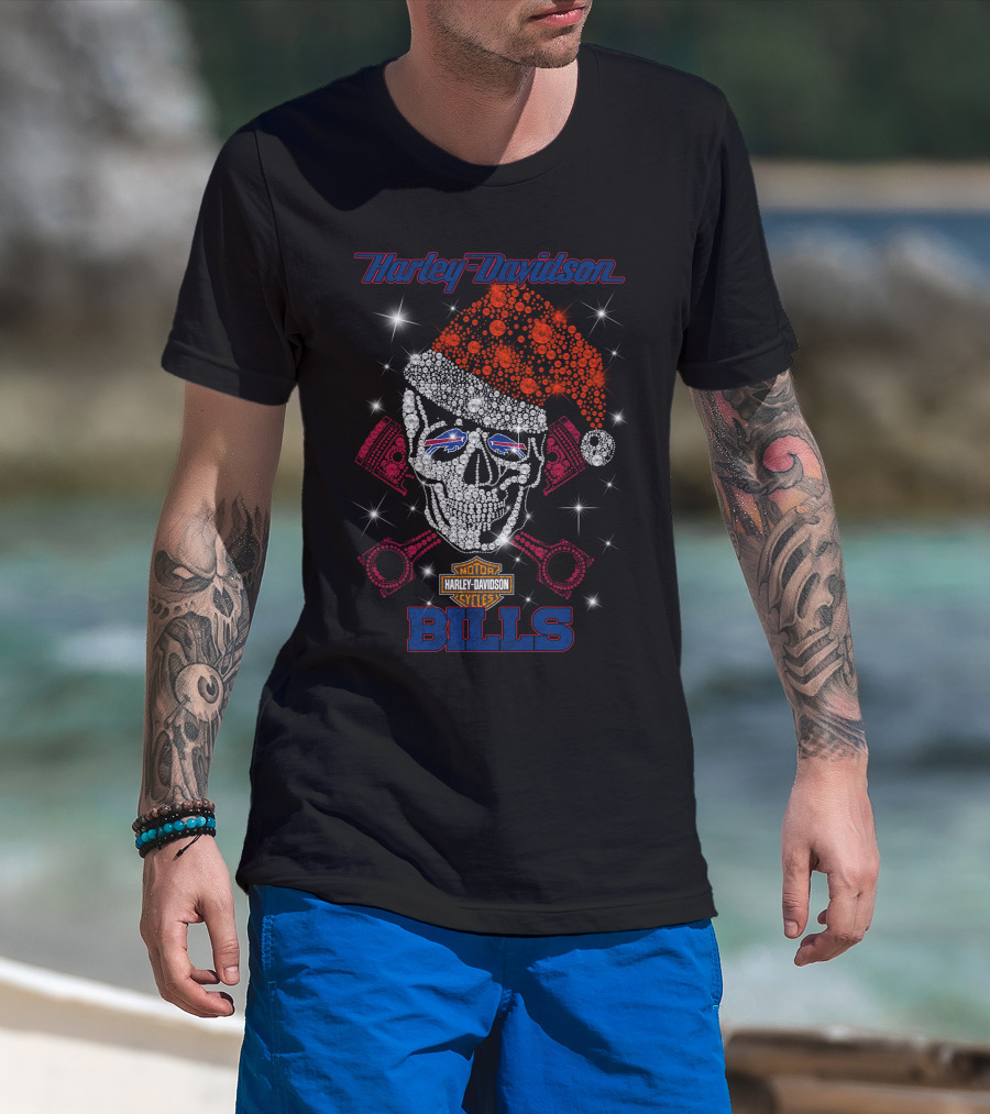 Harley Davidson Motor Cycles Santa Skull Buffalo Bills T-Shirt