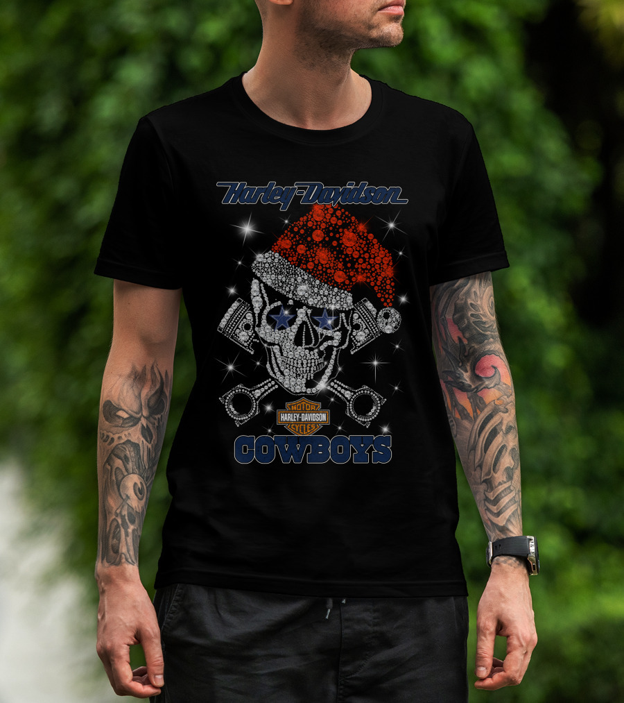 Harley Davidson Motor Cycles Cowboys Christmas Skull Santa Hat T-Shirt