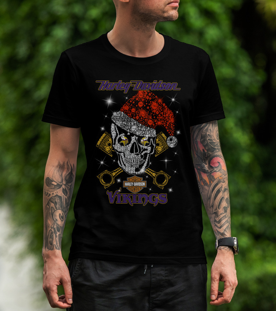 Harley Davidson Christmas Skull Motorcycles Minnesota Vikings T-Shirt