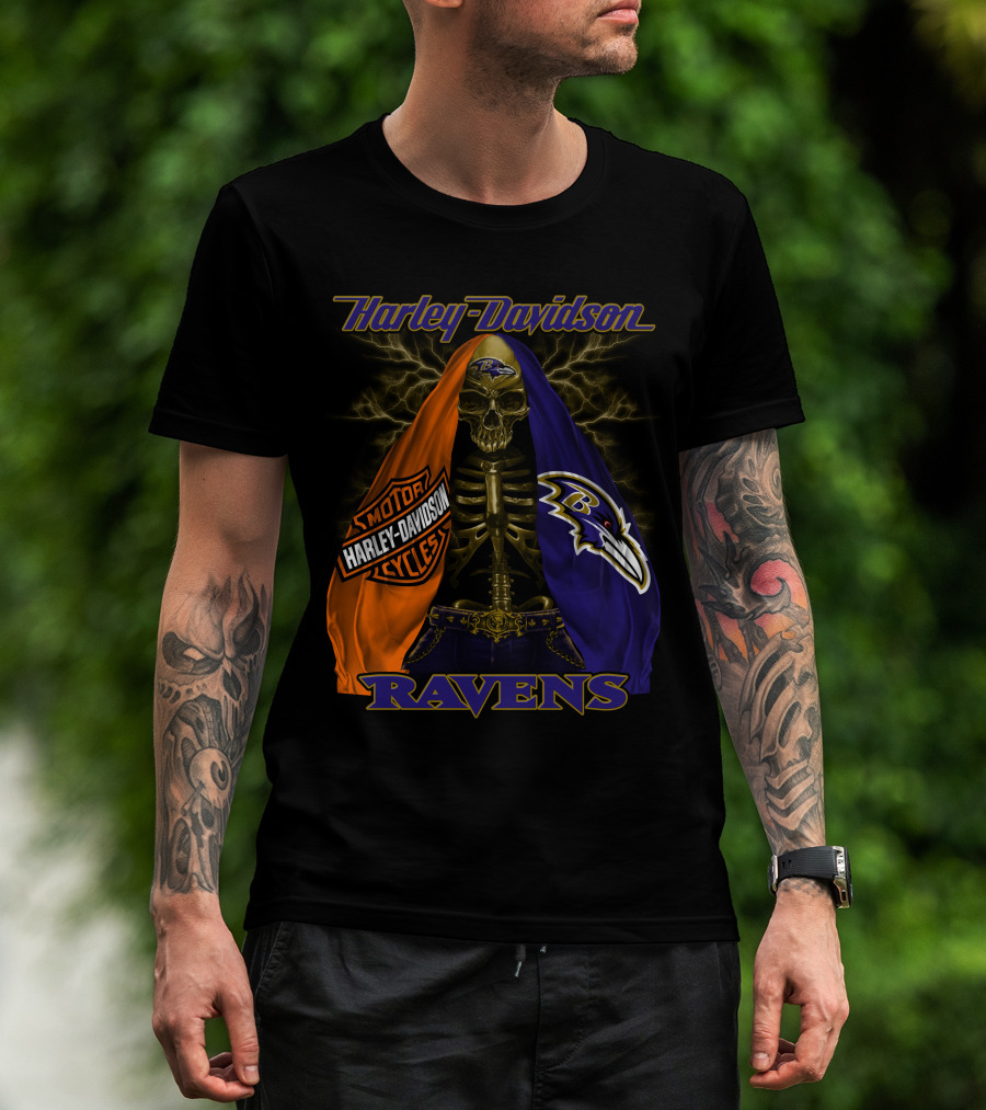 Harley Davidson Baltimore Ravens Motorcycles Skeleton Lightning T-Shirt