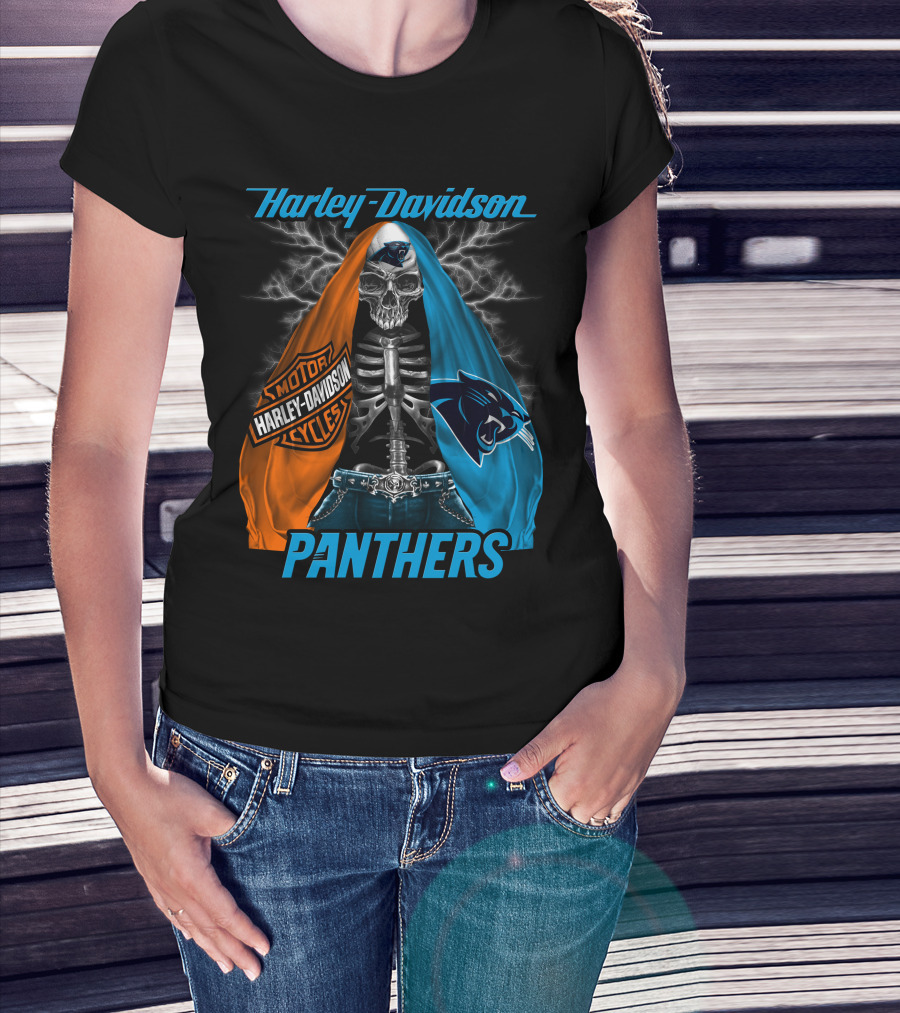 Harley Davidson Motorcycles Skeleton Carolina Panthers T-Shirt